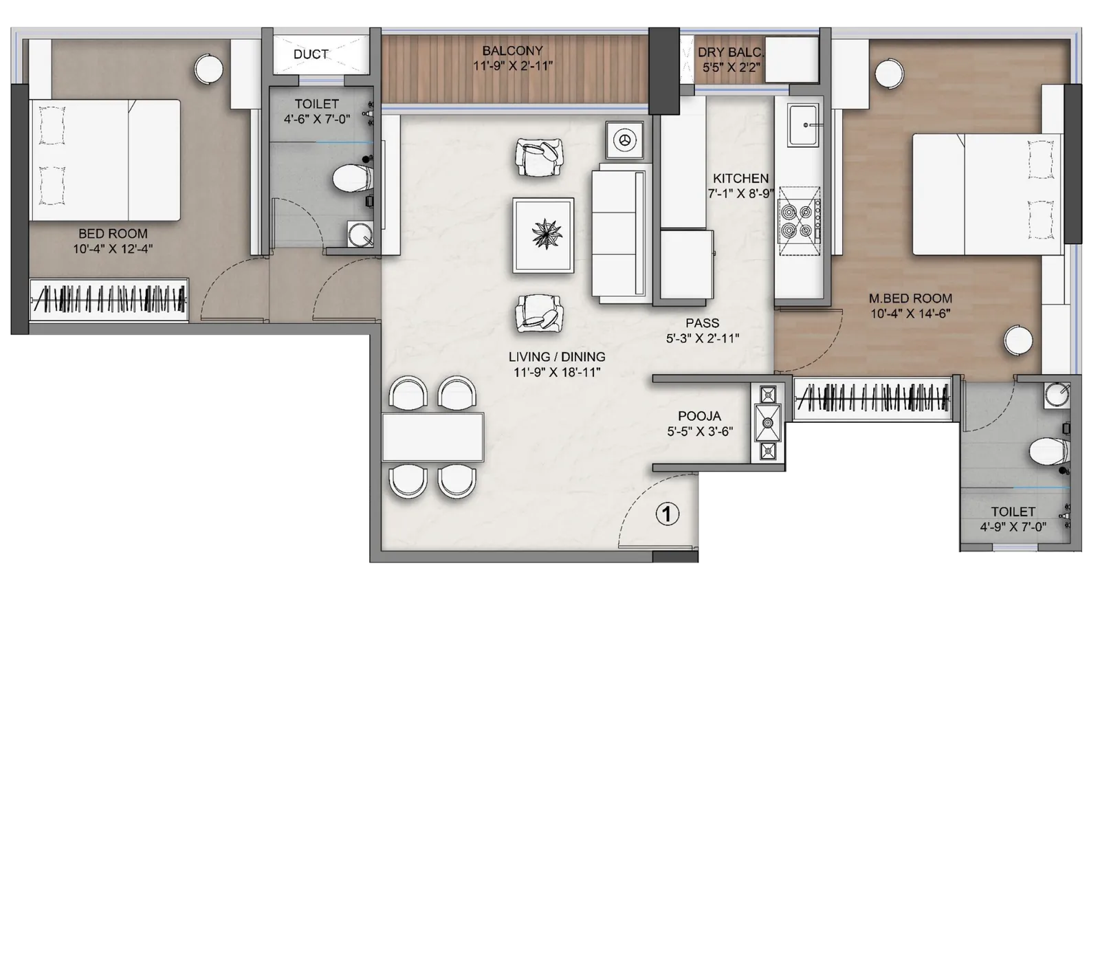 Type 1 two bedroom floor plan with room dimensions